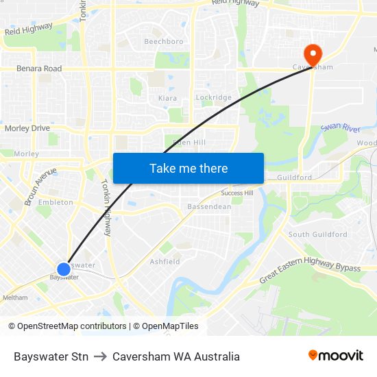 Bayswater Stn to Caversham WA Australia map