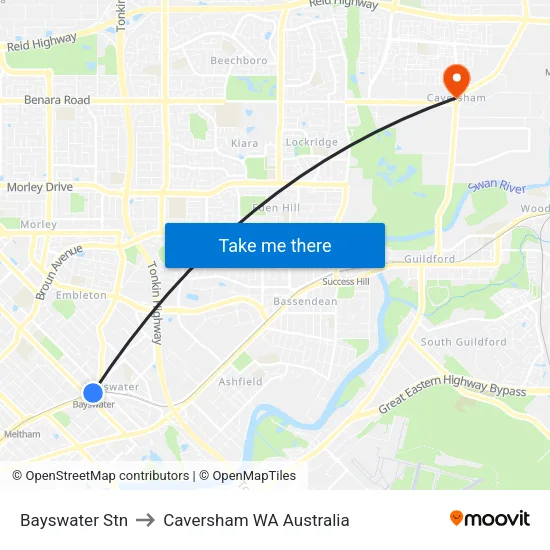 Bayswater Stn to Caversham WA Australia map