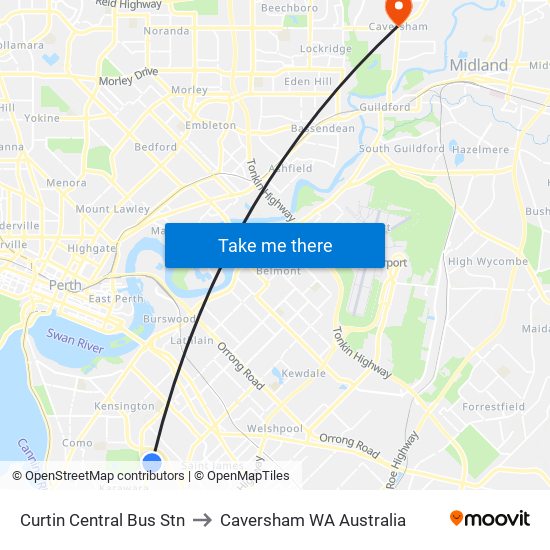 Curtin Central Bus Stn to Caversham WA Australia map