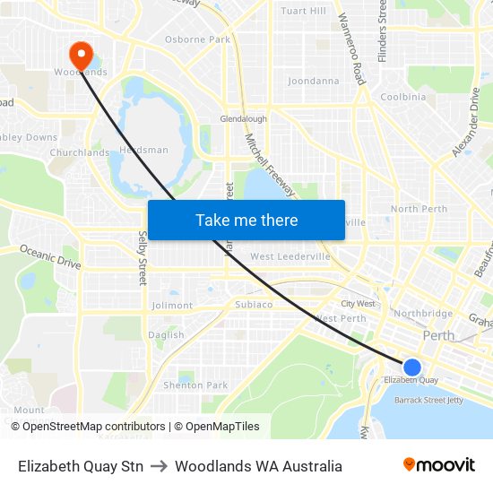 Elizabeth Quay Stn to Woodlands WA Australia map