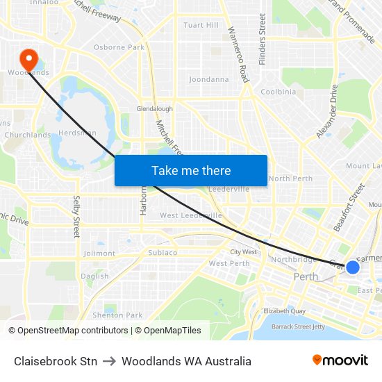 Claisebrook Stn to Woodlands WA Australia map