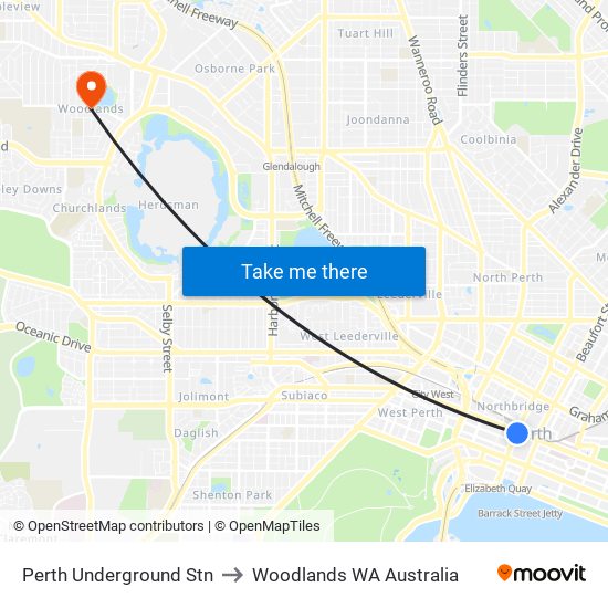 Perth Underground Stn to Woodlands WA Australia map