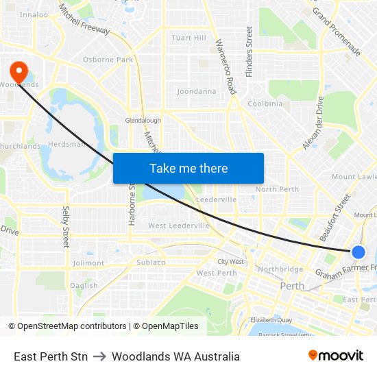 East Perth Stn to Woodlands WA Australia map