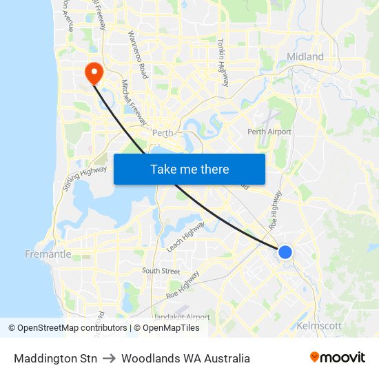 Maddington Stn to Woodlands WA Australia map