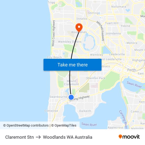 Claremont Stn to Woodlands WA Australia map