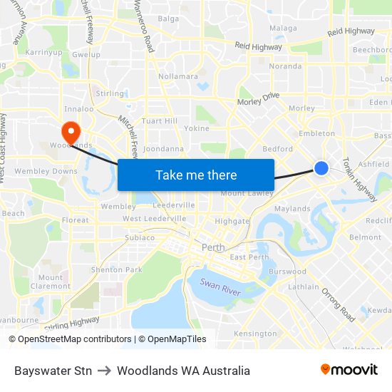 Bayswater Stn to Woodlands WA Australia map