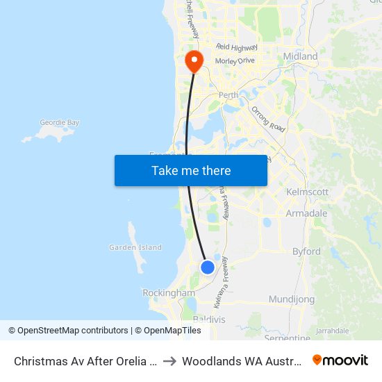 Christmas Av After Orelia Av to Woodlands WA Australia map