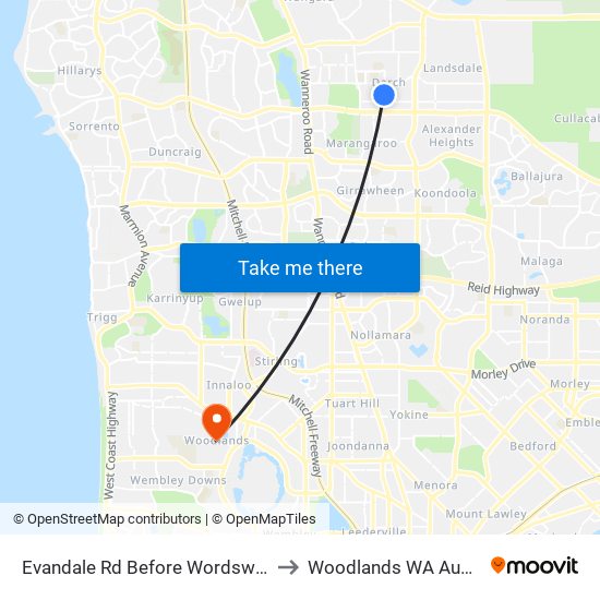 Evandale Rd Before Wordsworth Dr to Woodlands WA Australia map