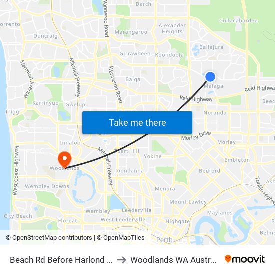 Beach Rd Before Harlond Av to Woodlands WA Australia map