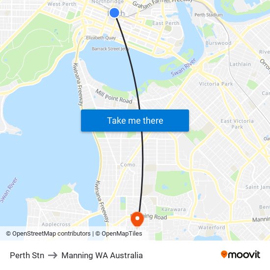 Perth Stn to Manning WA Australia map