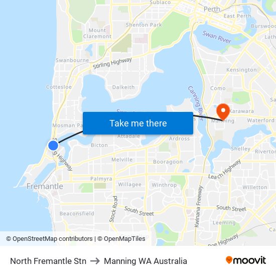 North Fremantle Stn to Manning WA Australia map