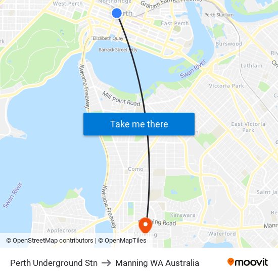 Perth Underground Stn to Manning WA Australia map