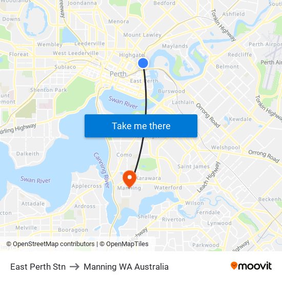 East Perth Stn to Manning WA Australia map