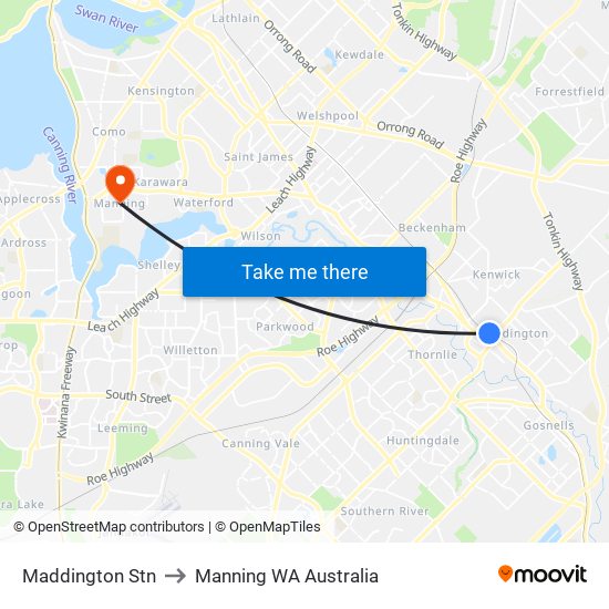 Maddington Stn to Manning WA Australia map