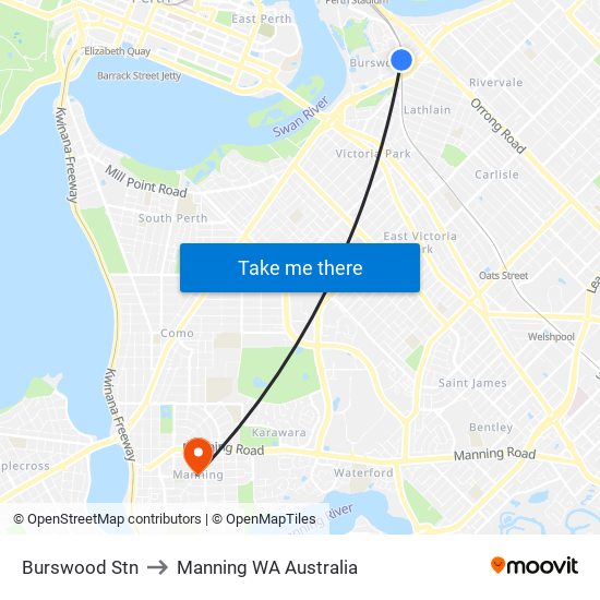 Burswood Stn to Manning WA Australia map