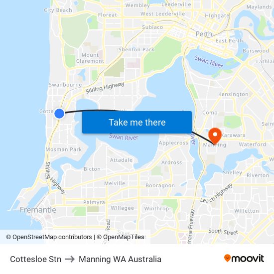 Cottesloe Stn to Manning WA Australia map