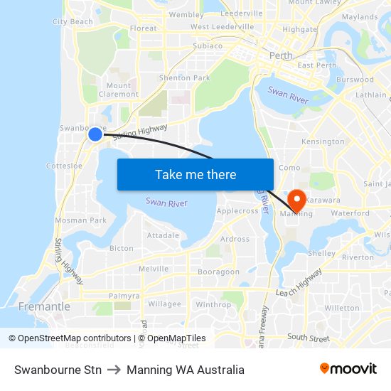 Swanbourne Stn to Manning WA Australia map