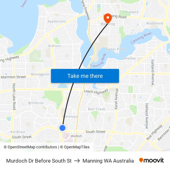 Murdoch Dr Before South St to Manning WA Australia map