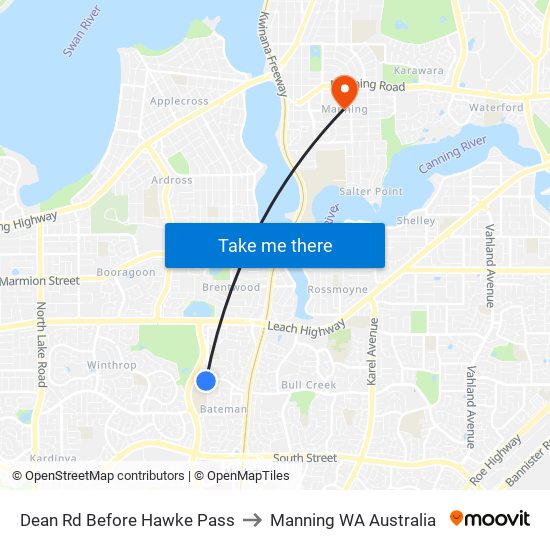 Dean Rd Before Hawke Pass to Manning WA Australia map