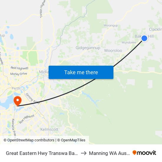 Great Eastern Hwy Transwa Bakers Hill to Manning WA Australia map