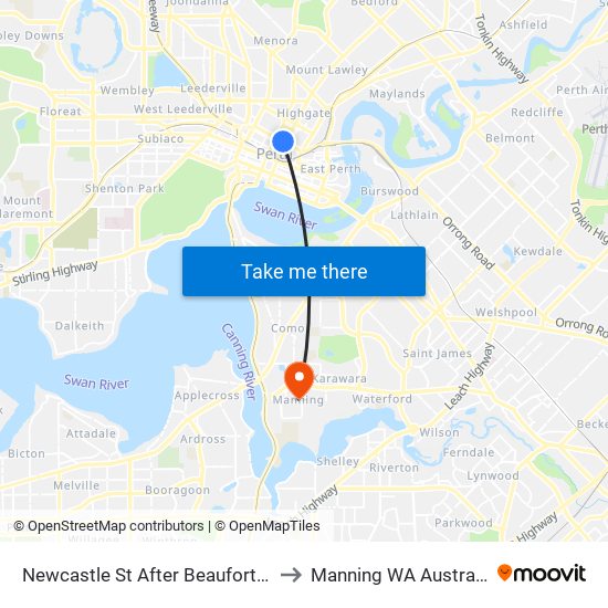 Newcastle St After Beaufort St to Manning WA Australia map