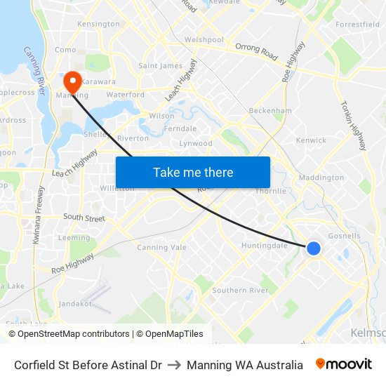 Corfield St Before Astinal Dr to Manning WA Australia map