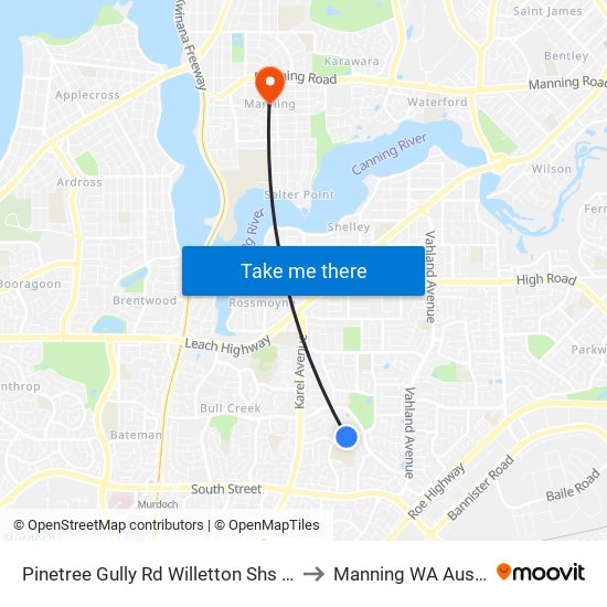 Pinetree Gully Rd Willetton Shs Stand 2 to Manning WA Australia map