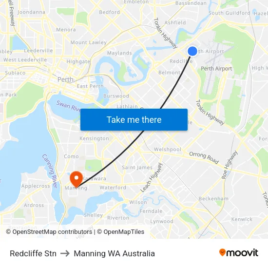 Redcliffe Stn to Manning WA Australia map