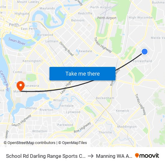 School Rd Darling Range Sports College Stand 2 to Manning WA Australia map