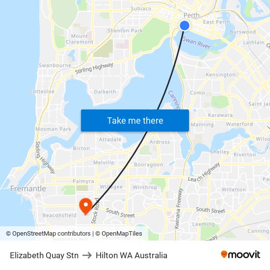 Elizabeth Quay Stn to Hilton WA Australia map