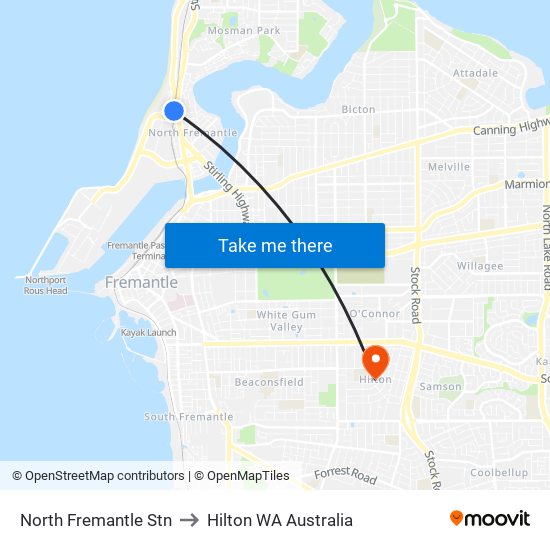 North Fremantle Stn to Hilton WA Australia map