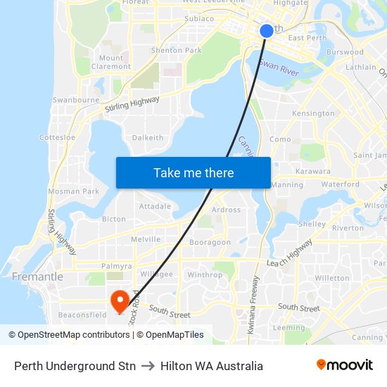 Perth Underground Stn to Hilton WA Australia map