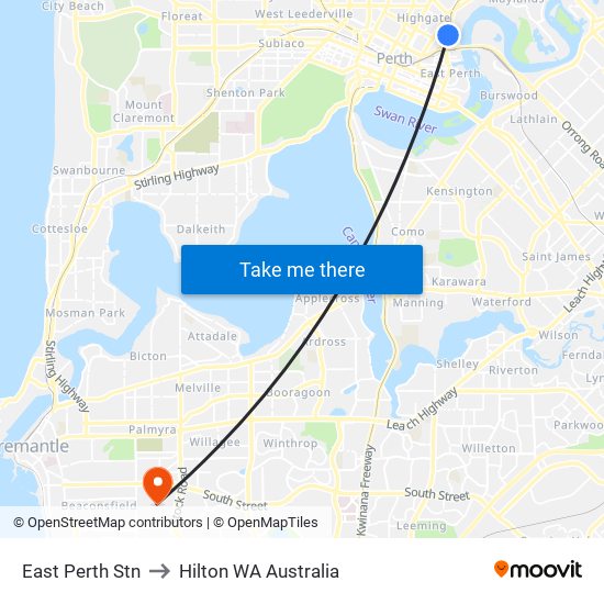 East Perth Stn to Hilton WA Australia map