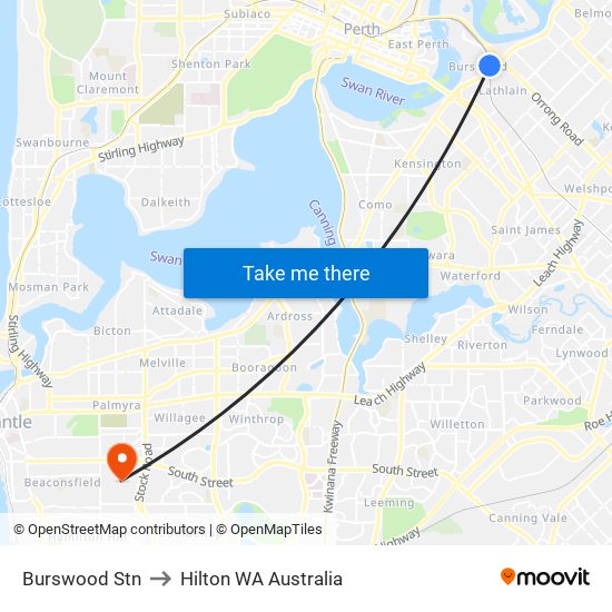 Burswood Stn to Hilton WA Australia map