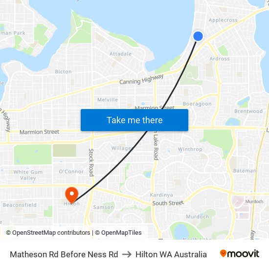 Matheson Rd Before Ness Rd to Hilton WA Australia map