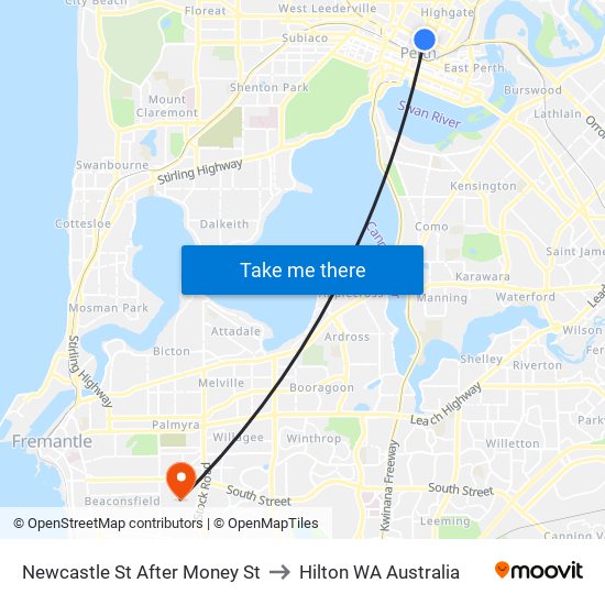 Newcastle St After Money St to Hilton WA Australia map
