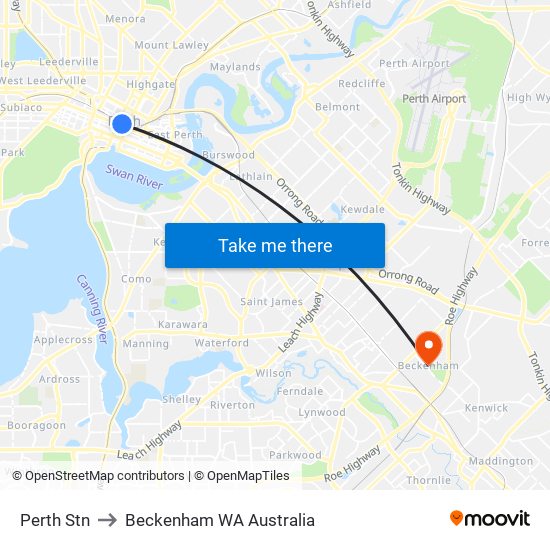 Perth Stn to Beckenham WA Australia map