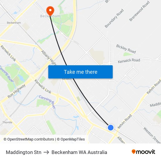 Maddington Stn to Beckenham WA Australia map