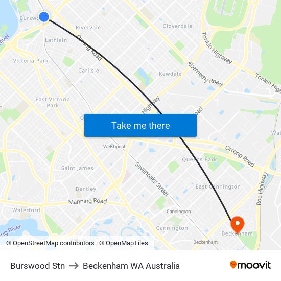 Burswood Stn to Beckenham WA Australia map