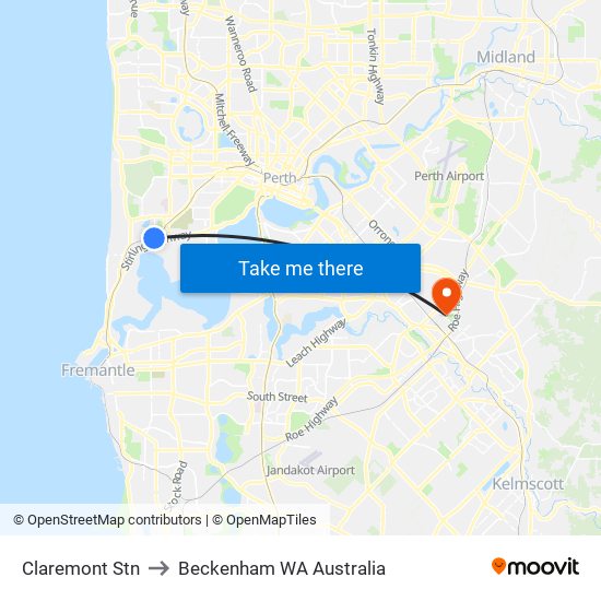 Claremont Stn to Beckenham WA Australia map