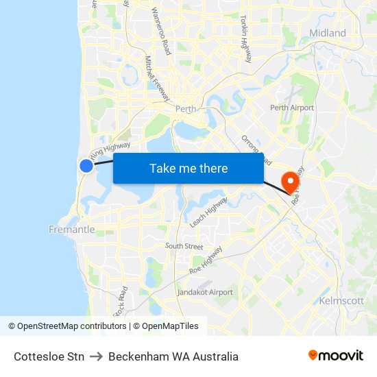 Cottesloe Stn to Beckenham WA Australia map