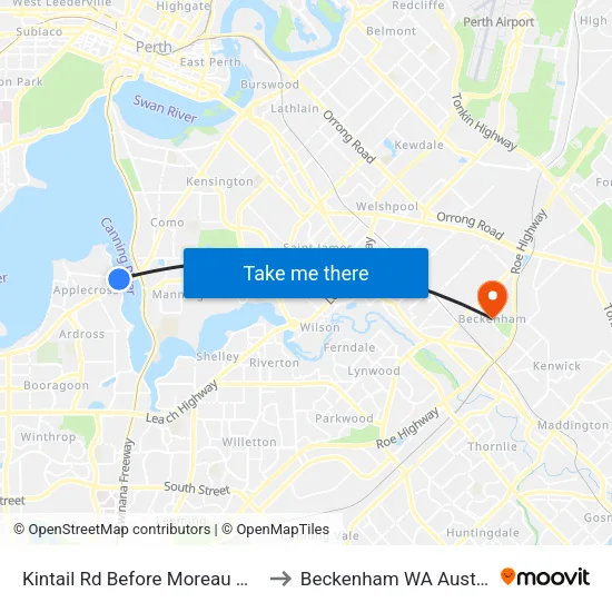 Kintail Rd Before Moreau Mews to Beckenham WA Australia map