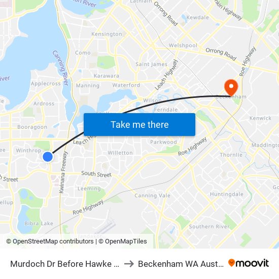 Murdoch Dr Before Hawke Pass to Beckenham WA Australia map