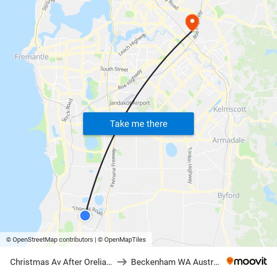 Christmas Av After Orelia Av to Beckenham WA Australia map