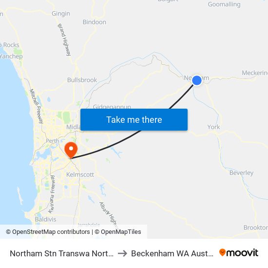 Northam Stn Transwa Northam to Beckenham WA Australia map