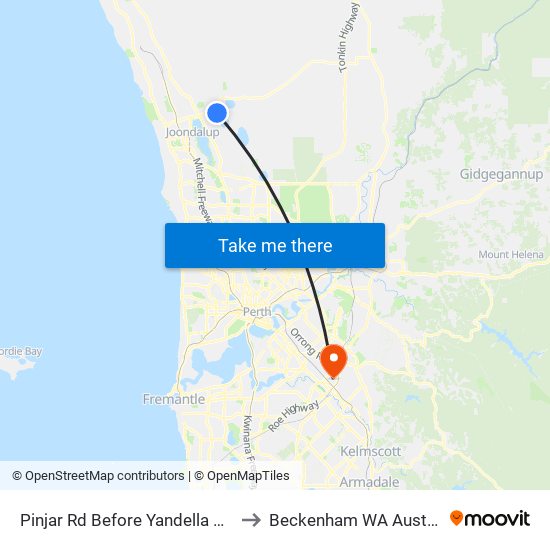 Pinjar Rd Before Yandella Prom to Beckenham WA Australia map