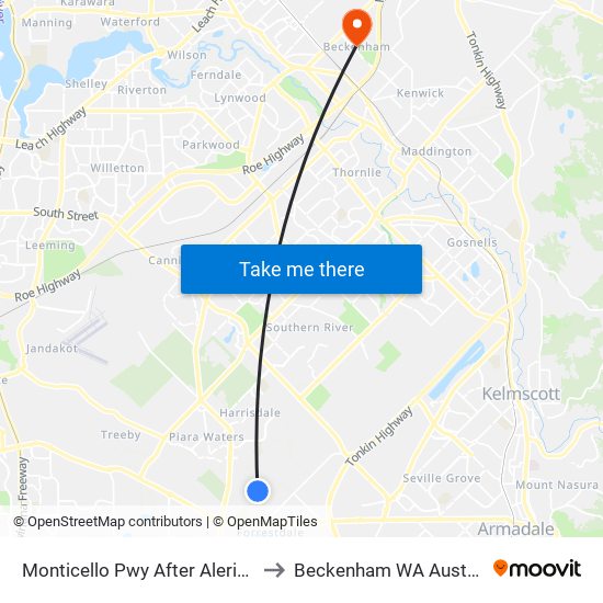 Monticello Pwy After Aleria Wy to Beckenham WA Australia map