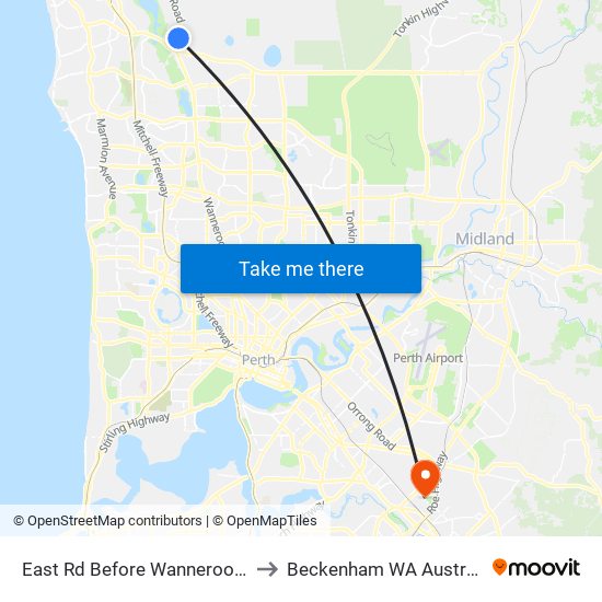 East Rd Before Wanneroo Rd to Beckenham WA Australia map