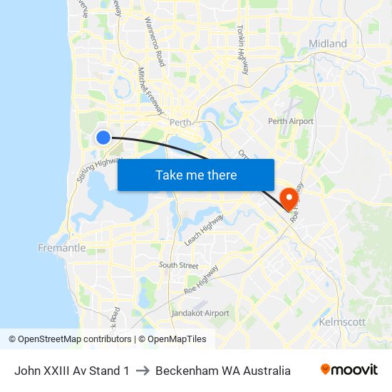 John XXIII Av Stand 1 to Beckenham WA Australia map