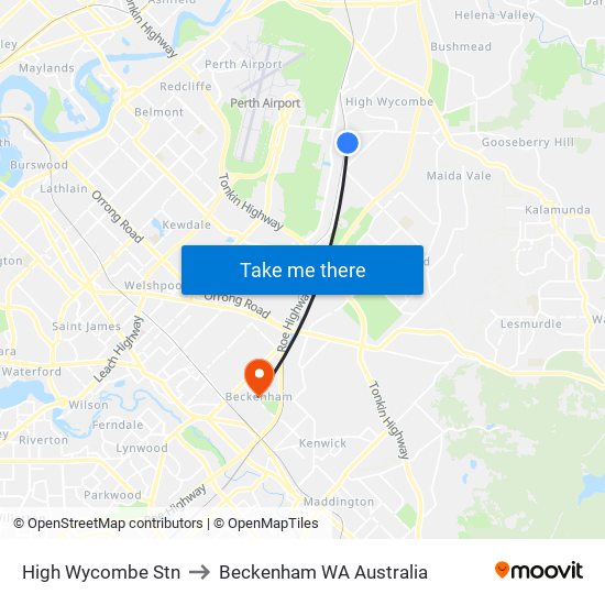 High Wycombe Stn to Beckenham WA Australia map